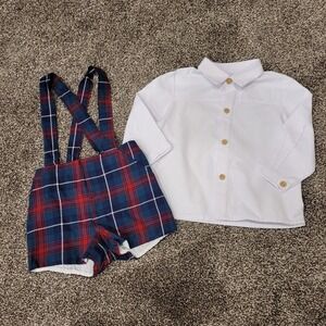Del Sur Baby Boy 9M Plaid Suspender Shorts and White Button Down Shirt Set